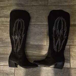 Black Studded Suede Knee-High Western Boots